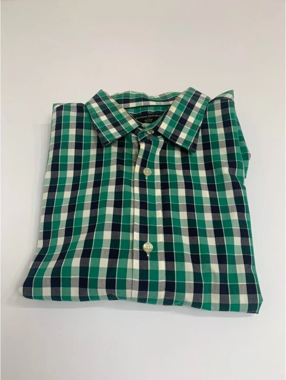 NWOT Banana Republic Mens XL 17-17 1/2 35-36 No Iron Slim Fit Shirt Green Check